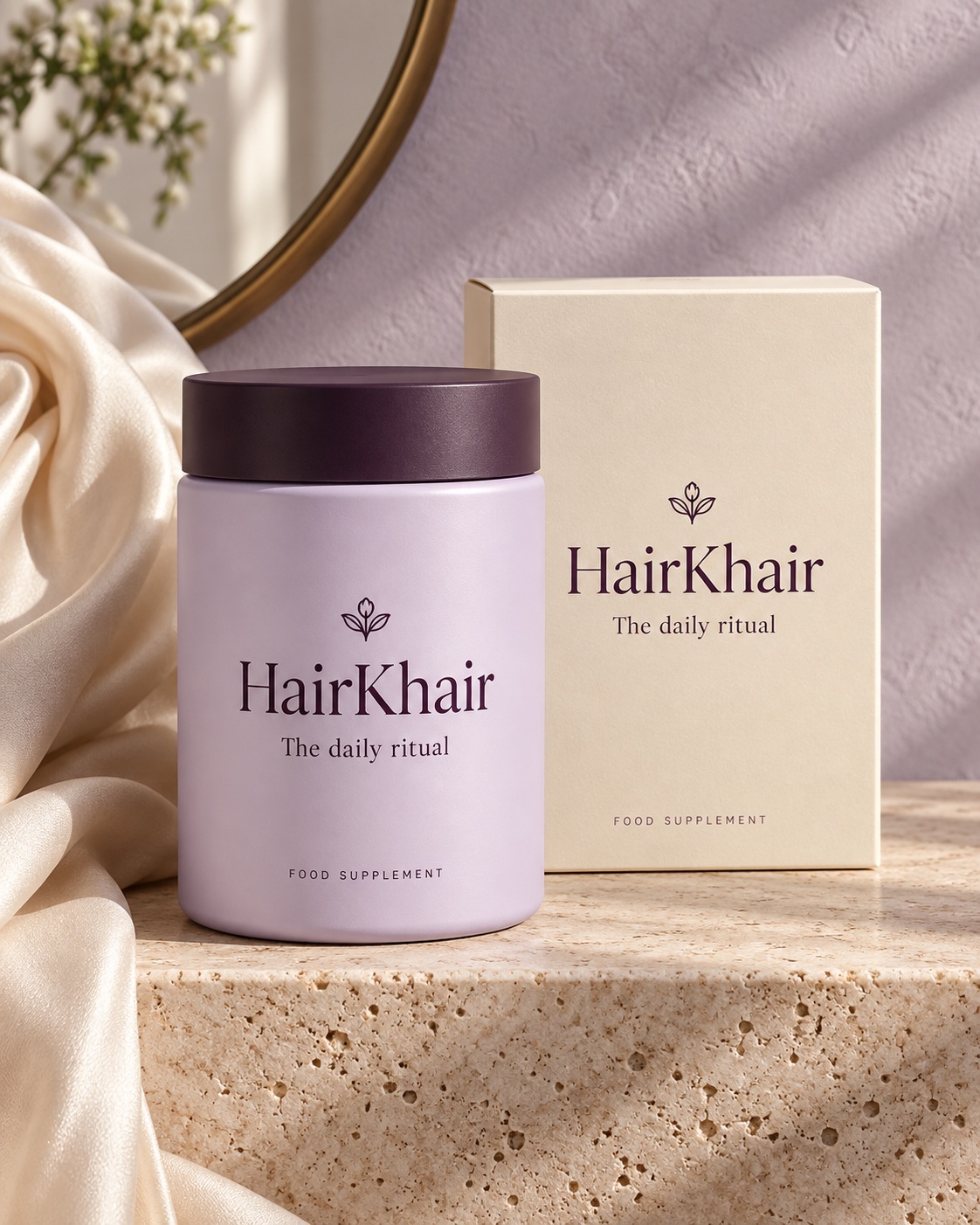 HairKhair packaging concept: a lavender supplement jar and cream box, beside softly draped silk.