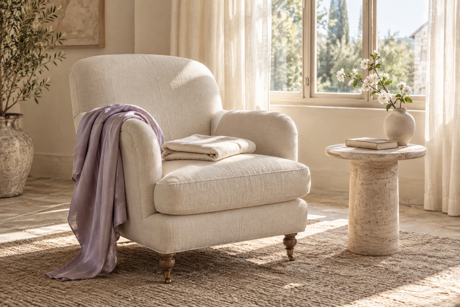 An empty cream chair draped with muslin and lavender silk.