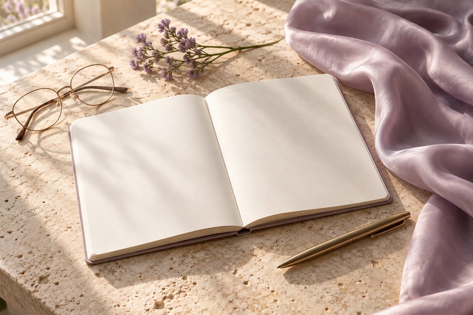 A notebook and reading glasses on warm stone.