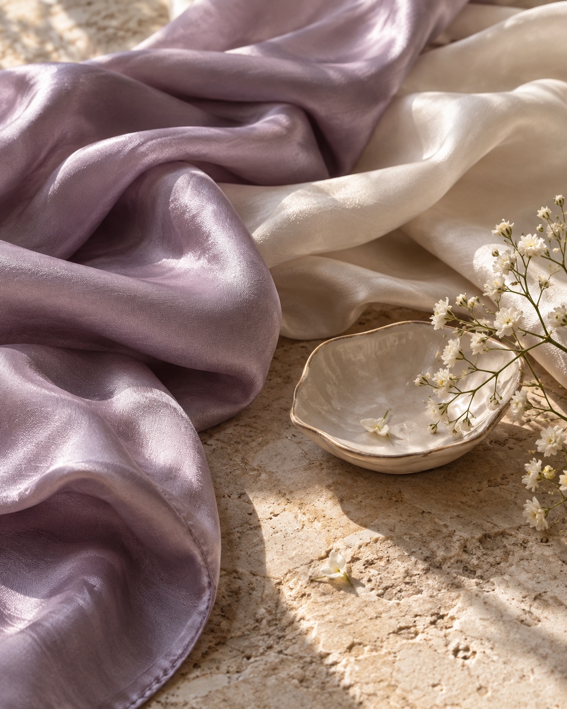 Lavender and ivory silk beside a small ceramic dish and delicate white flowers in morning light.